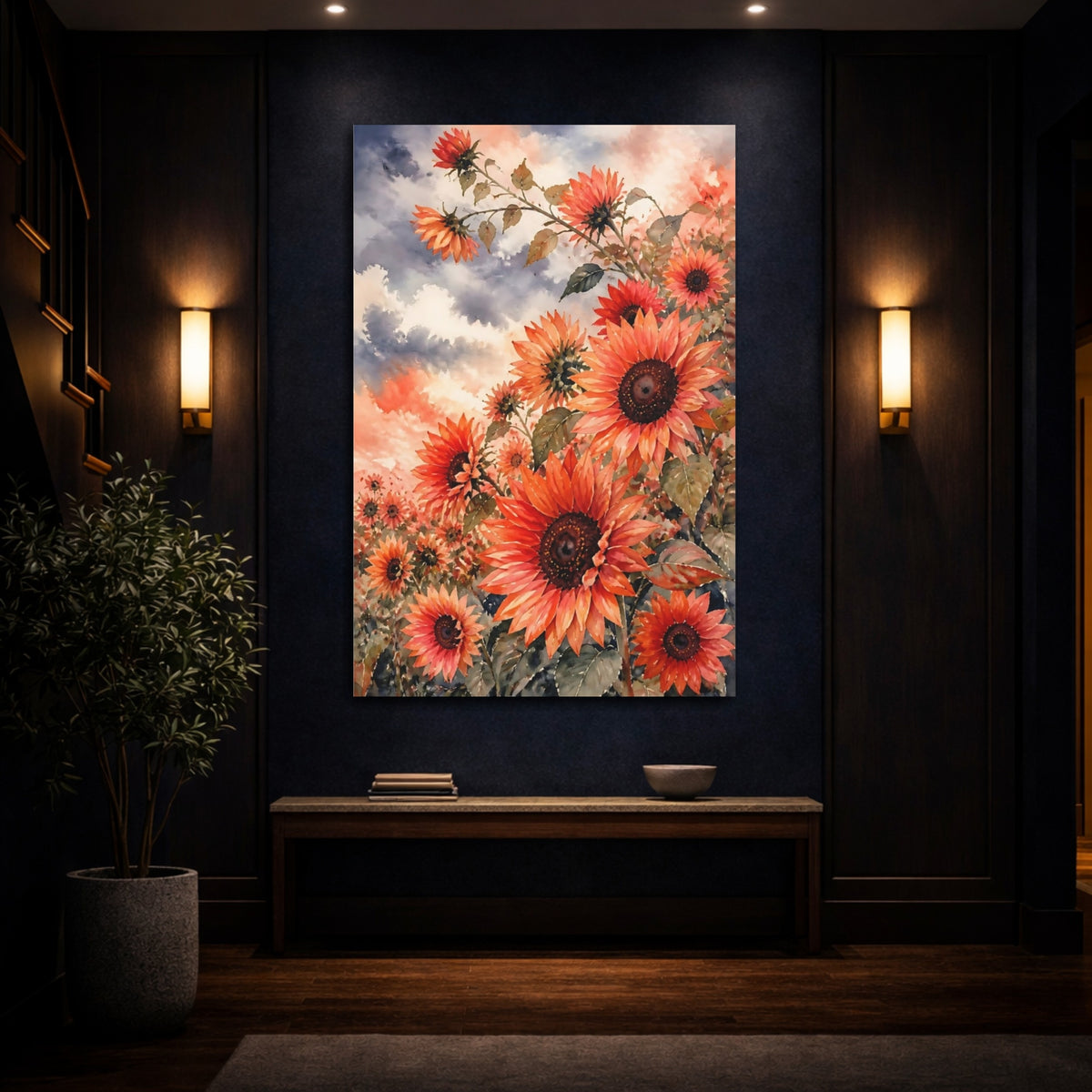 Mockup 4. Coral Sunflower Field shown as canvas print
