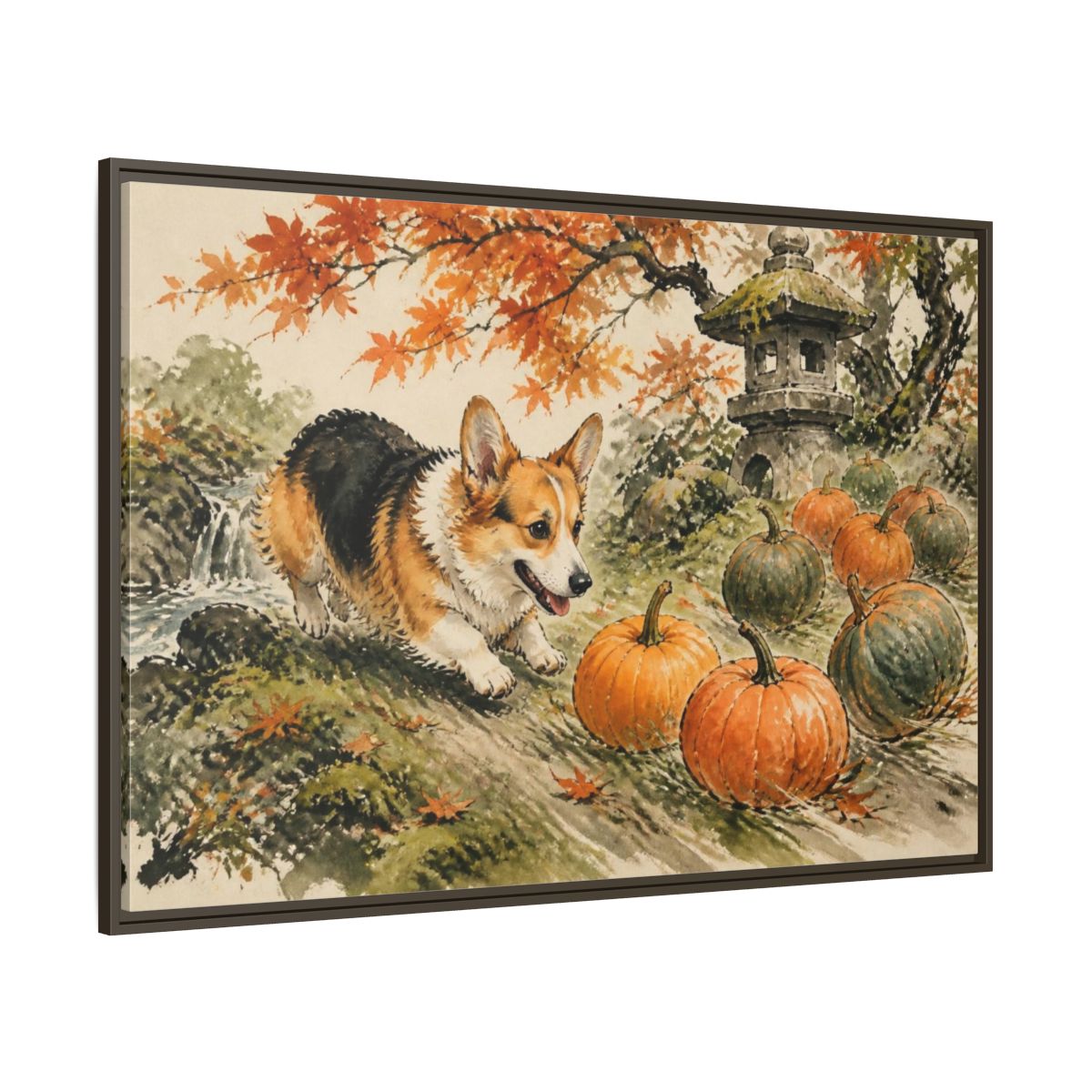 Side Mockup 8. Corgi Pets Autumn Garden shown as framed canvas print
