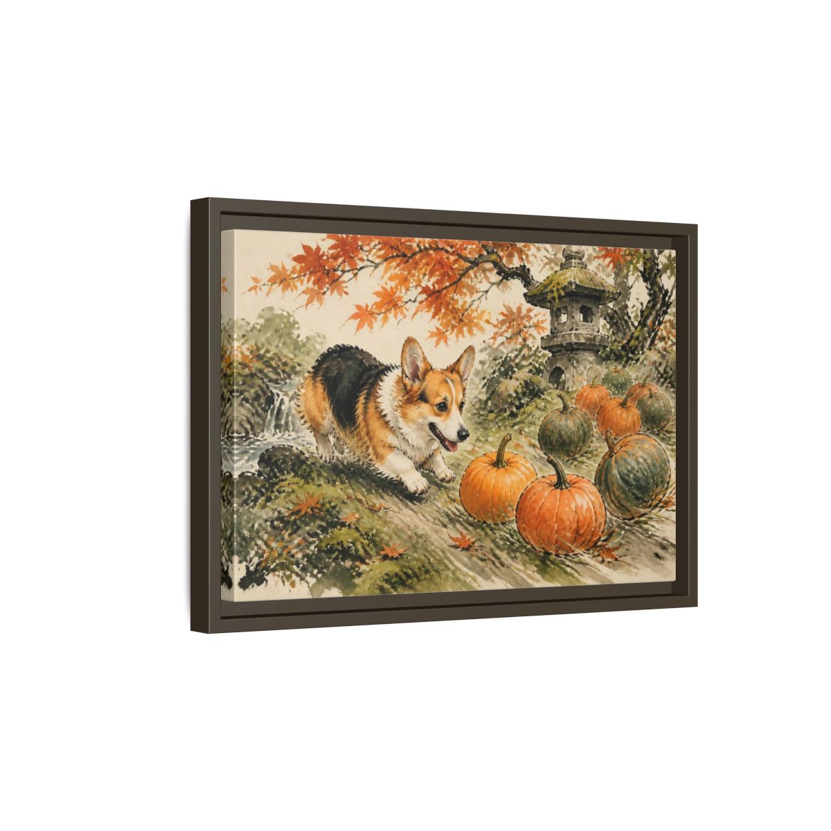 Side Mockup 5. Corgi Pets Autumn Garden shown as framed canvas print
