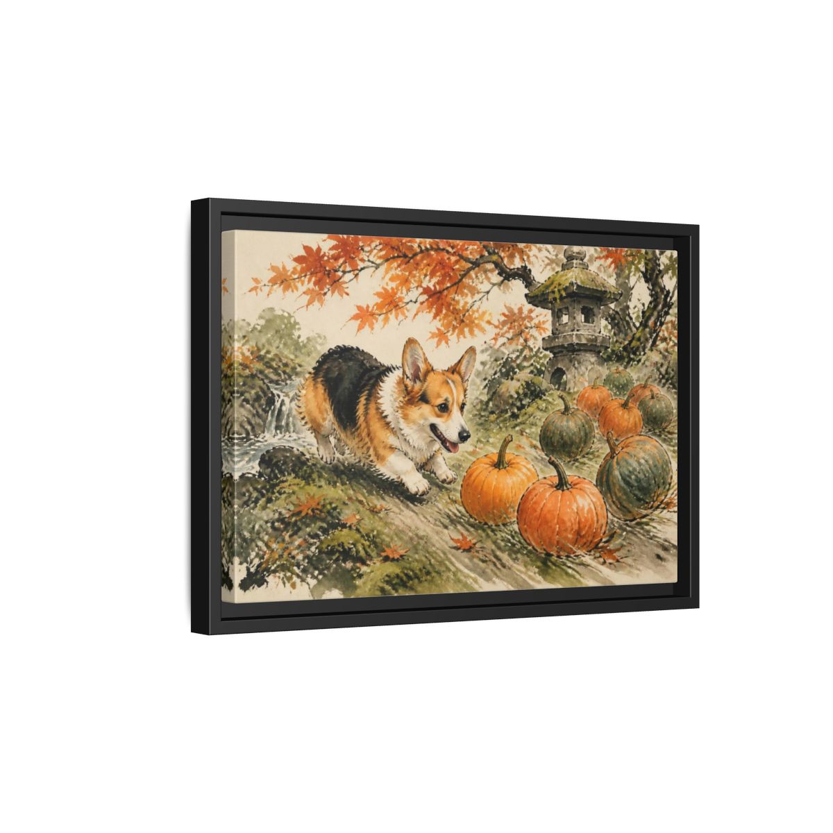 Side Mockup 6. Corgi Pets Autumn Garden shown as framed canvas print