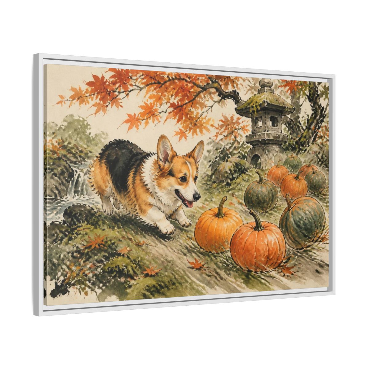 Side Mockup 9. Corgi Pets Autumn Garden shown as framed canvas print