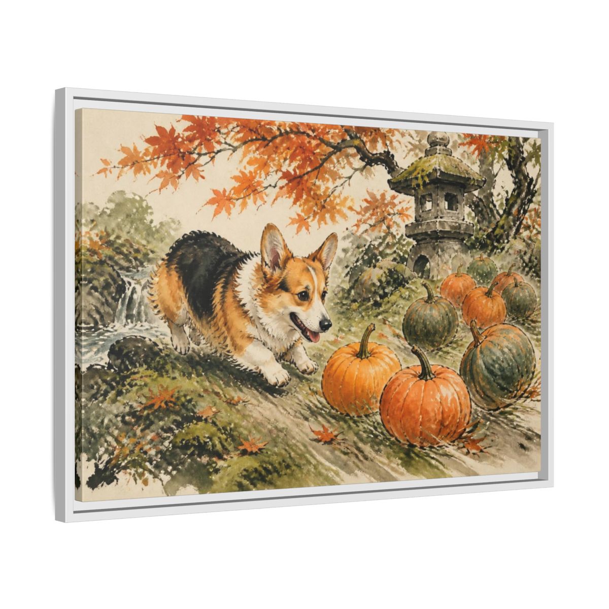 Side Mockup 10. Corgi Pets Autumn Garden shown as framed canvas print