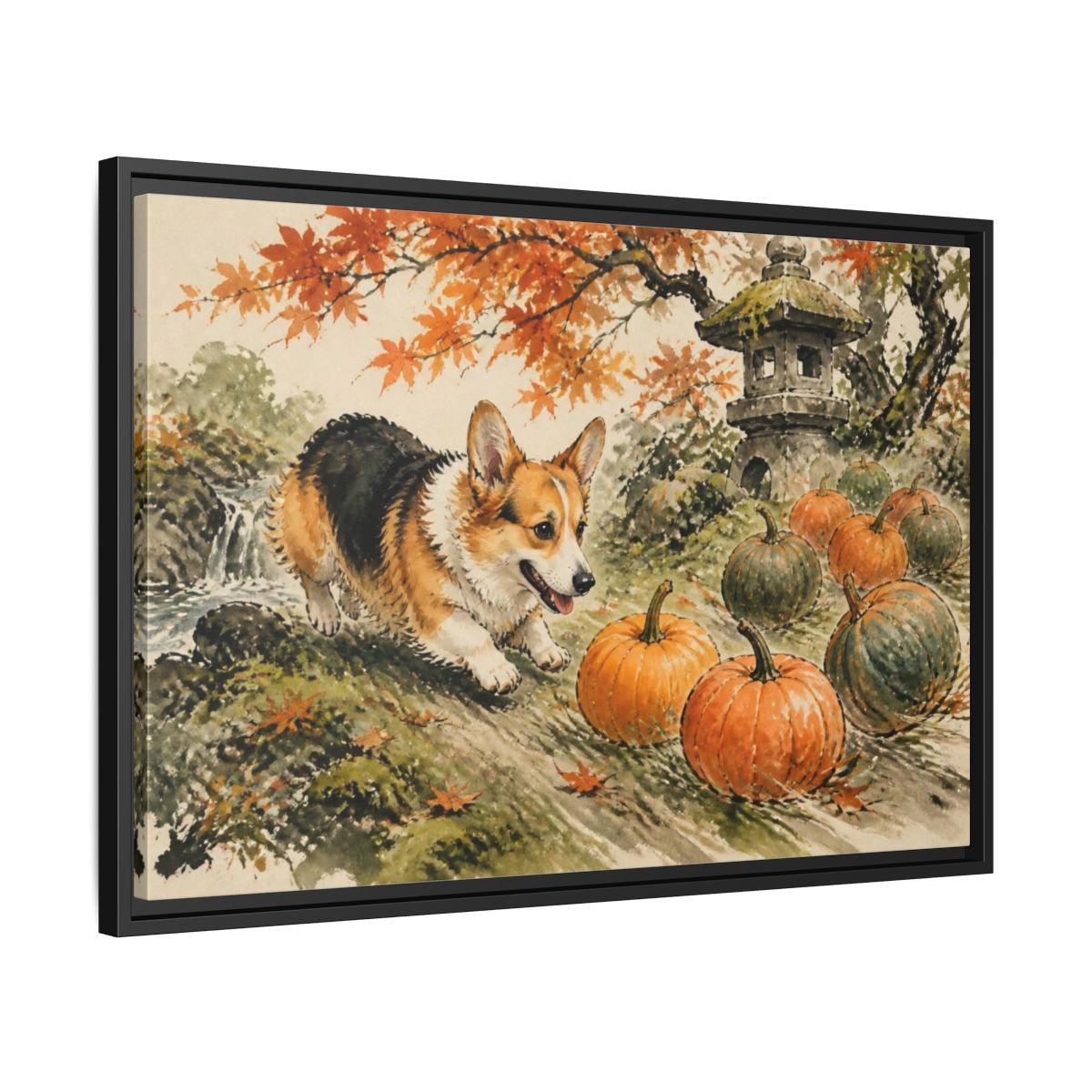 Side Mockup 14. Corgi Pets Autumn Garden shown as framed canvas print