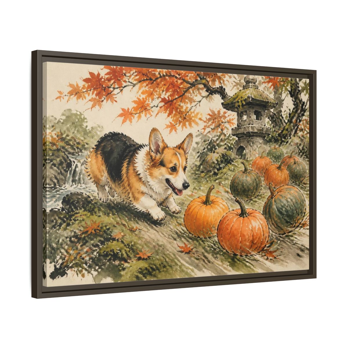 Side Mockup 11. Corgi Pets Autumn Garden shown as framed canvas print