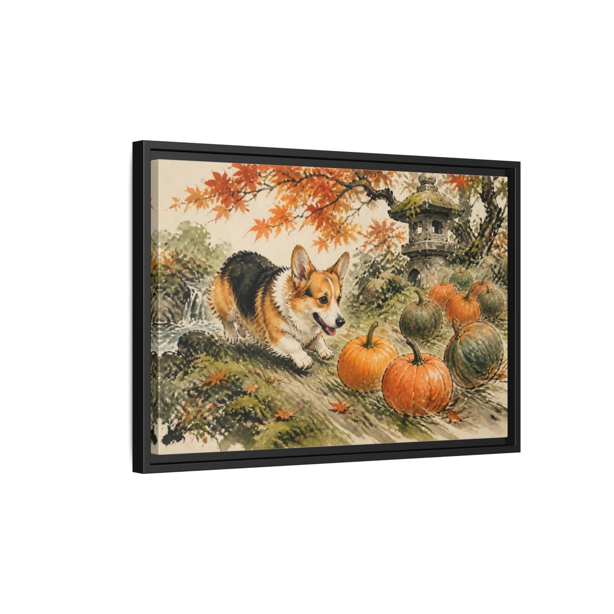 Side Mockup 3. Corgi Pets Autumn Garden shown as framed canvas print