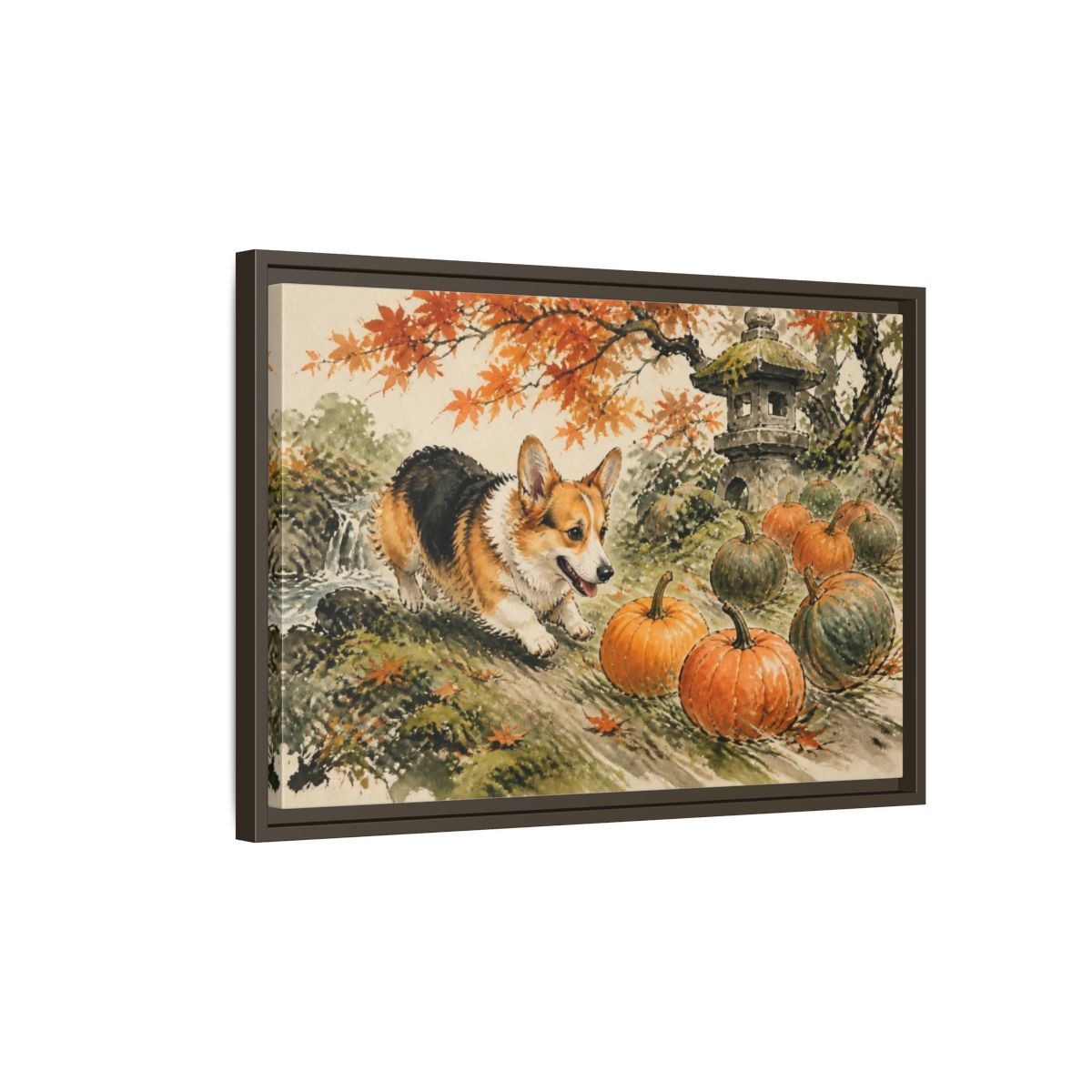 Side Mockup 2. Corgi Pets Autumn Garden shown as framed canvas print