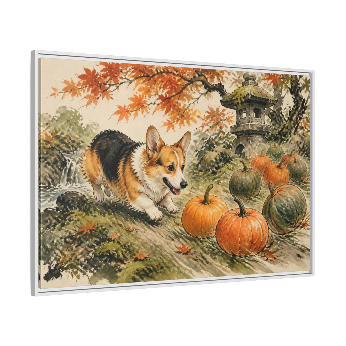 Side Mockup 7. Corgi Pets Autumn Garden shown as framed canvas print