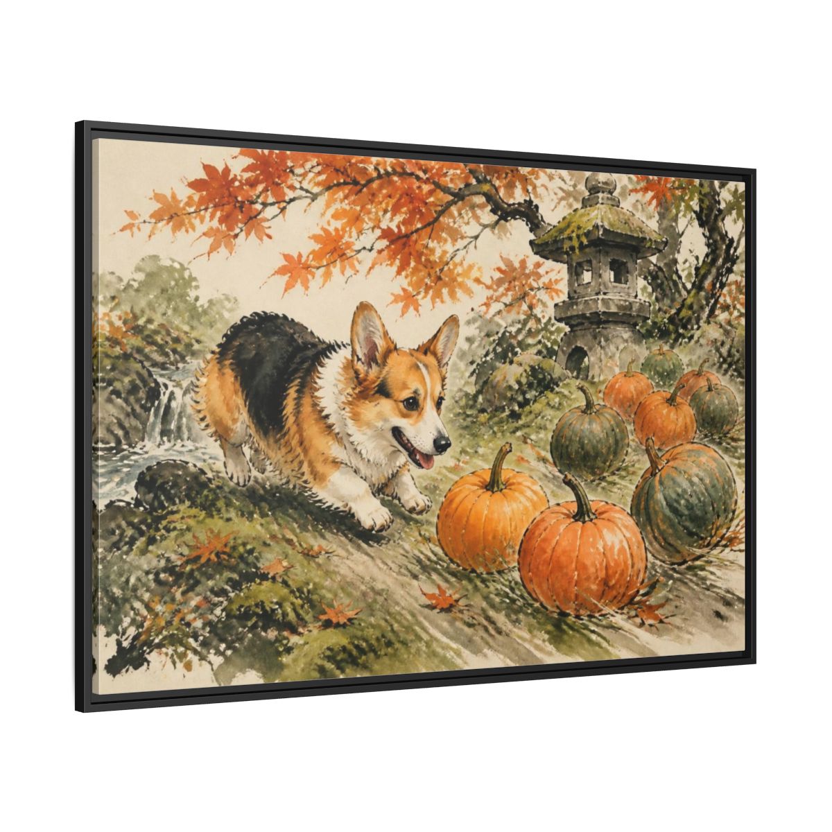 Side Mockup 12. Corgi Pets Autumn Garden shown as framed canvas print