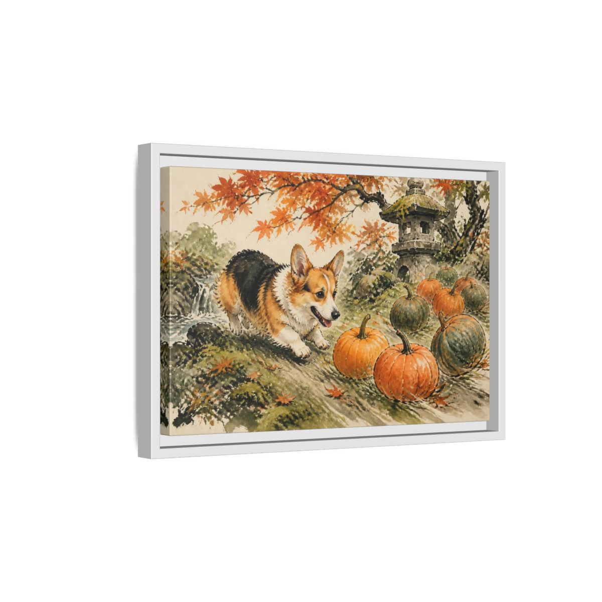 Side Mockup 4. Corgi Pets Autumn Garden shown as framed canvas print