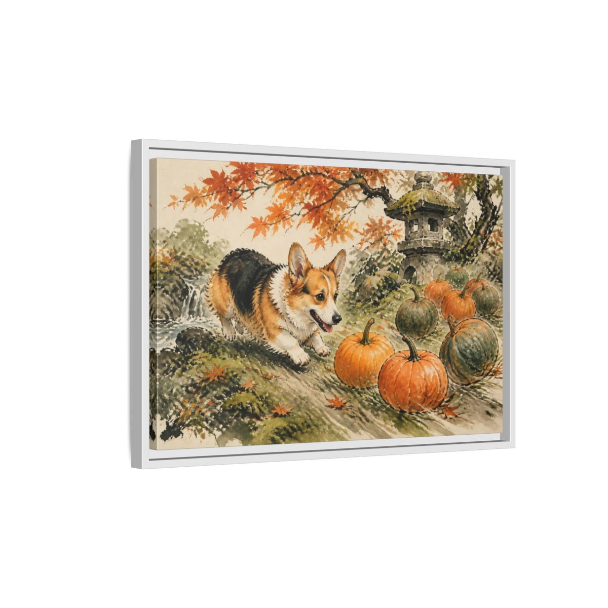 Side Mockup 1. Corgi Pets Autumn Garden shown as framed canvas print