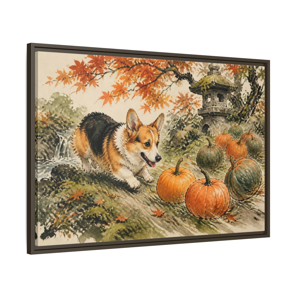 Main Mockup. Corgi Pets Autumn Garden shown as framed canvas print