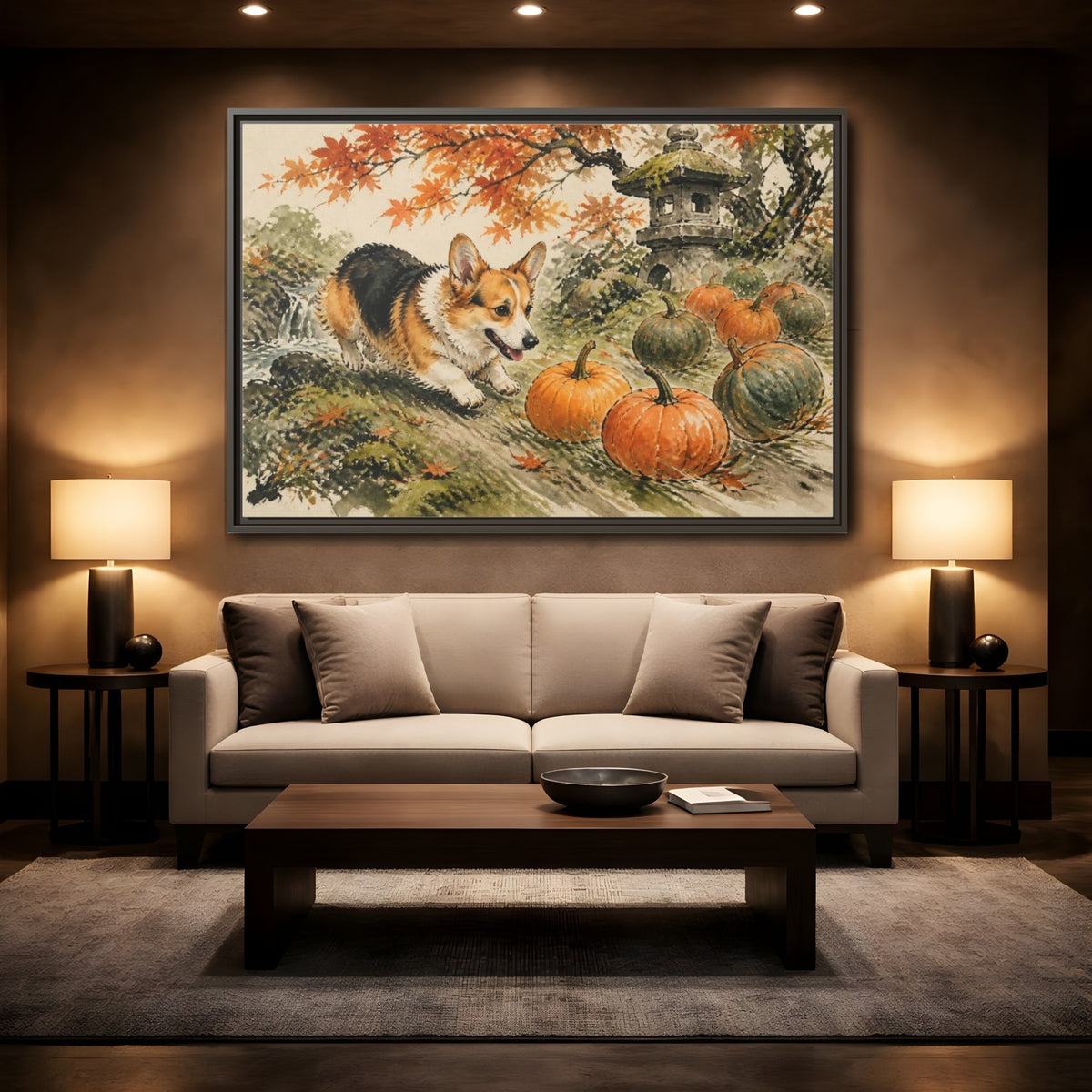 Mockup 2. Corgi Pets Autumn Garden shown as framed canvas print