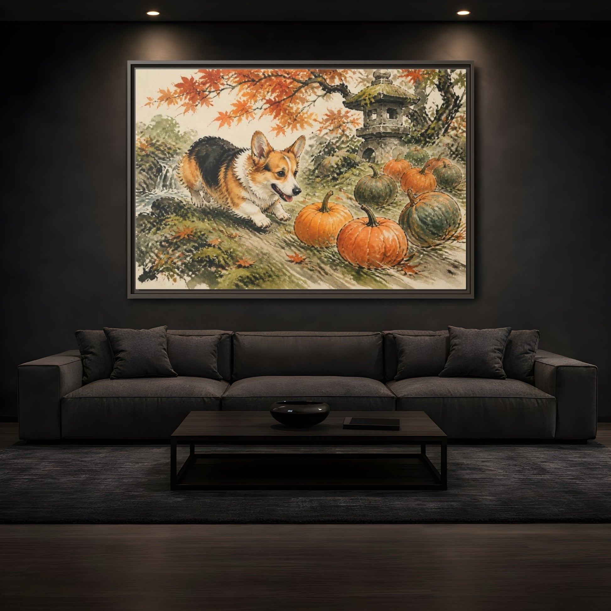Mockup 3. Corgi Pets Autumn Garden shown as framed canvas print