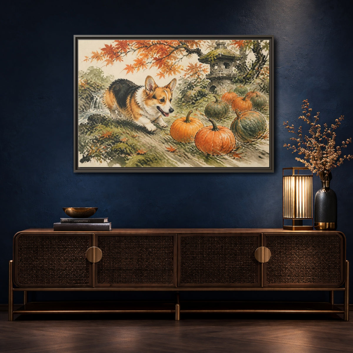 Mockup 4. Corgi Pets Autumn Garden shown as framed canvas print