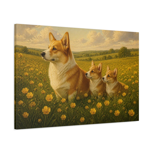 Main Mockup. Corgi Pets In Meadow shown as canvas print