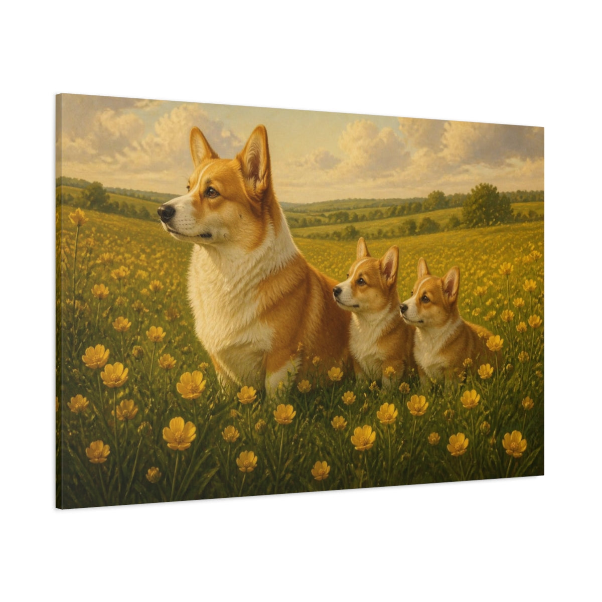 Side Mockup 1. Corgi Pets In Meadow shown as canvas print
