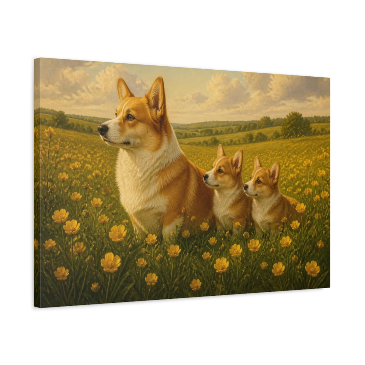 Side Mockup 2. Corgi Pets In Meadow shown as canvas print