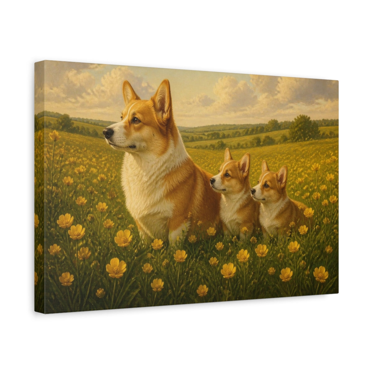 Side Mockup 4. Corgi Pets In Meadow shown as canvas print