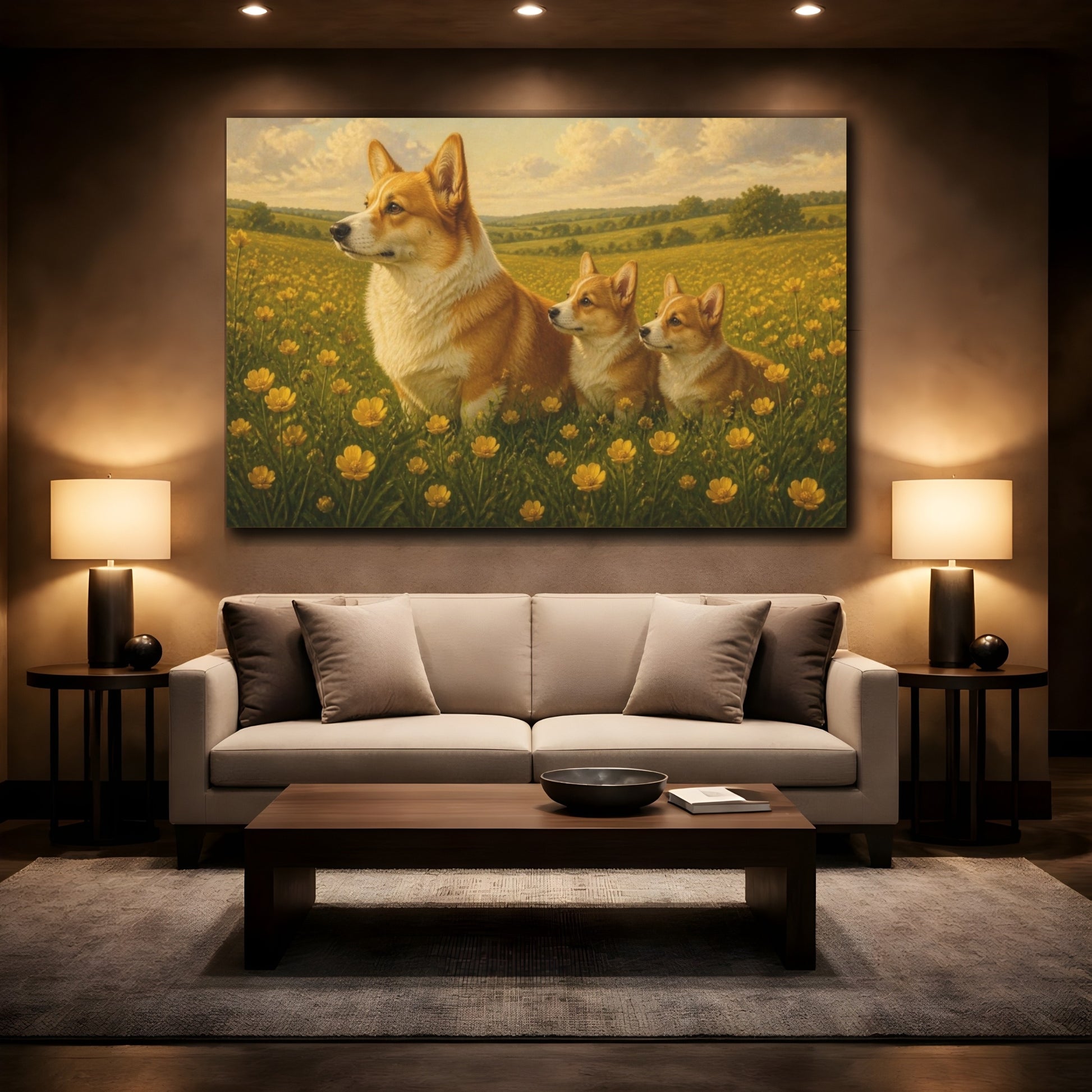 Mockup 2. Corgi Pets In Meadow shown as canvas print