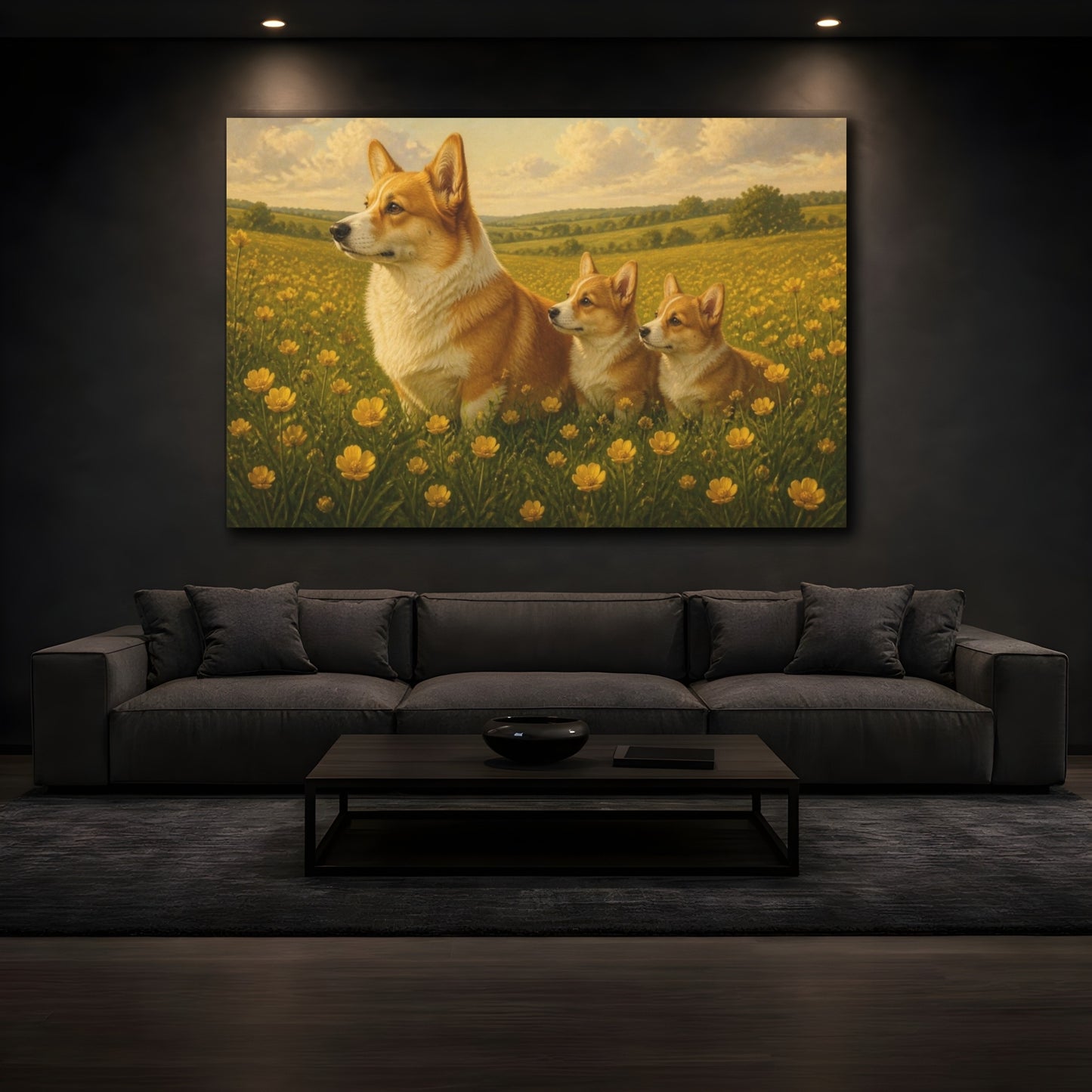 Mockup 3. Corgi Pets In Meadow shown as canvas print