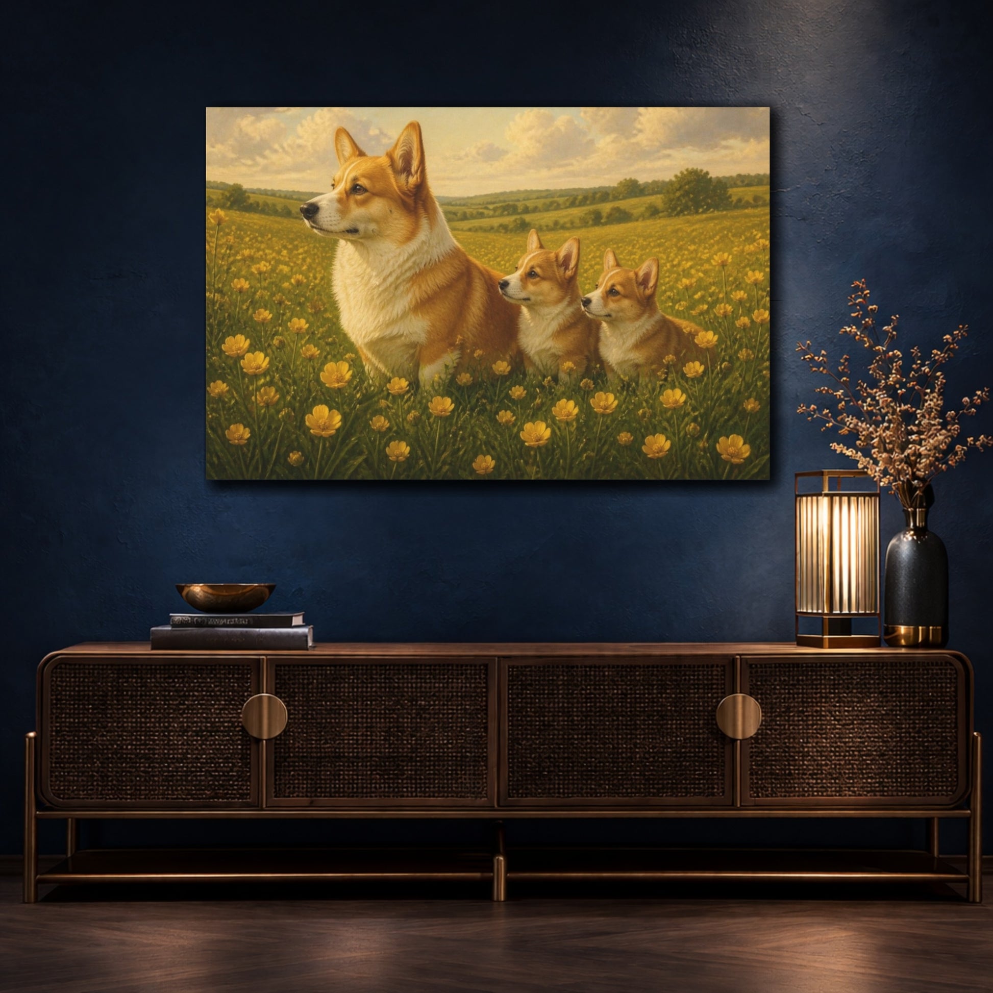 Mockup 4. Corgi Pets In Meadow shown as canvas print