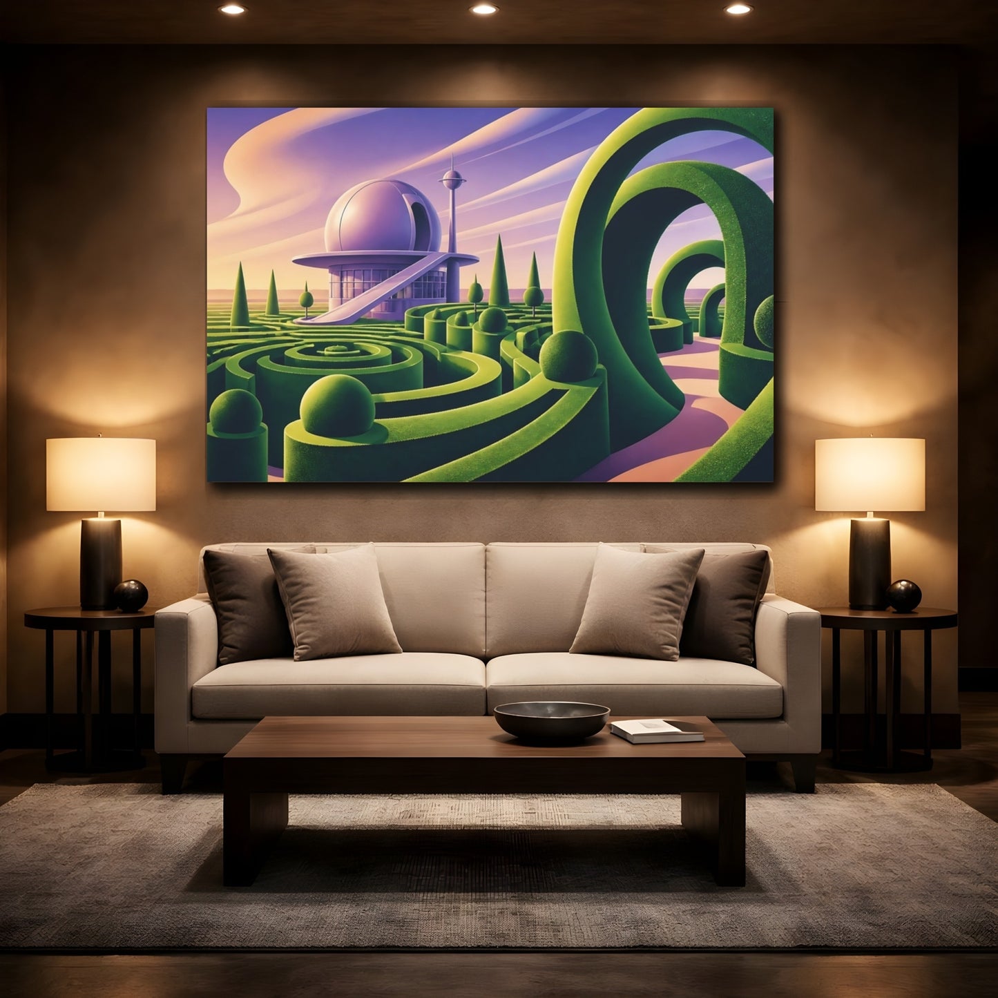 Mockup 2. Cosmic Hedge Maze shown as canvas print