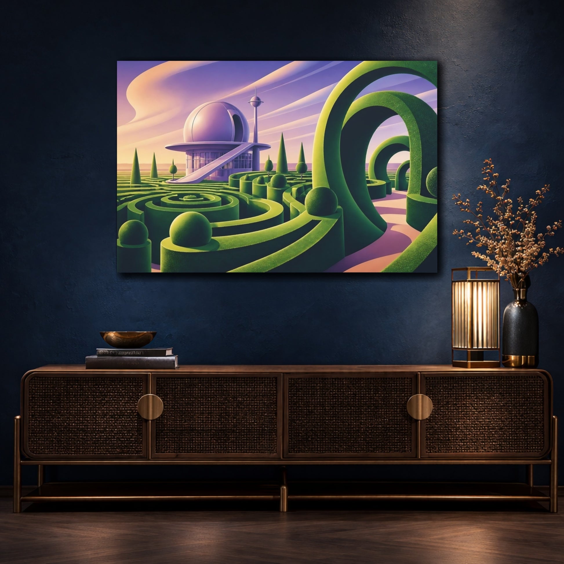 Mockup 4. Cosmic Hedge Maze shown as canvas print