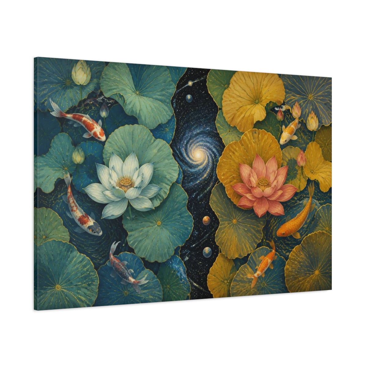 Side Mockup 1. Cosmic Lotus Pond shown as canvas print