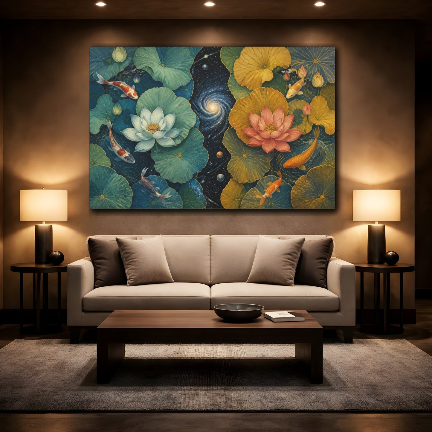 Mockup 2. Cosmic Lotus Pond shown as canvas print