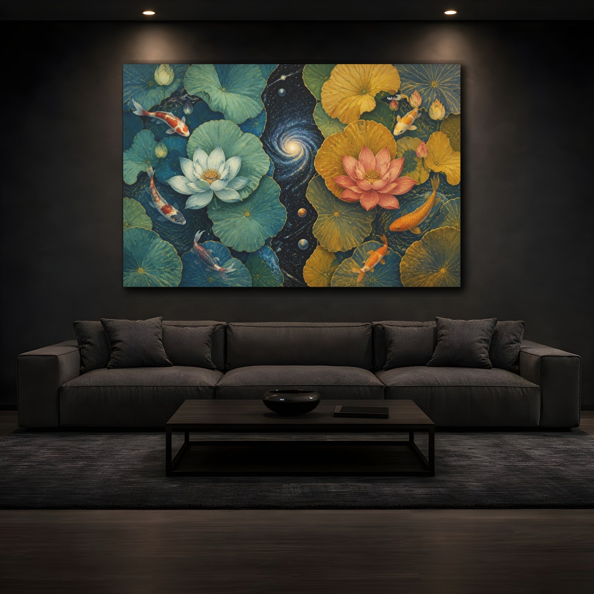Mockup 3. Cosmic Lotus Pond shown as canvas print