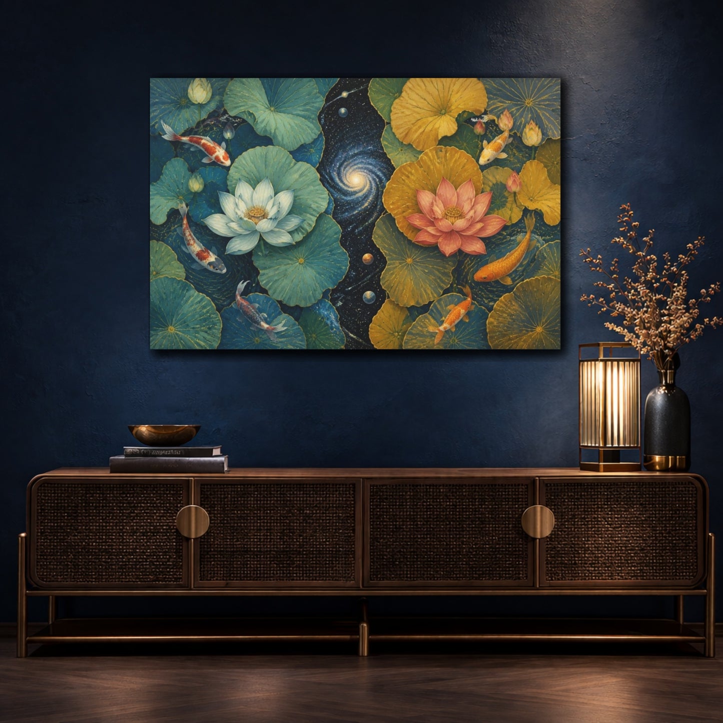 Mockup 4. Cosmic Lotus Pond shown as canvas print