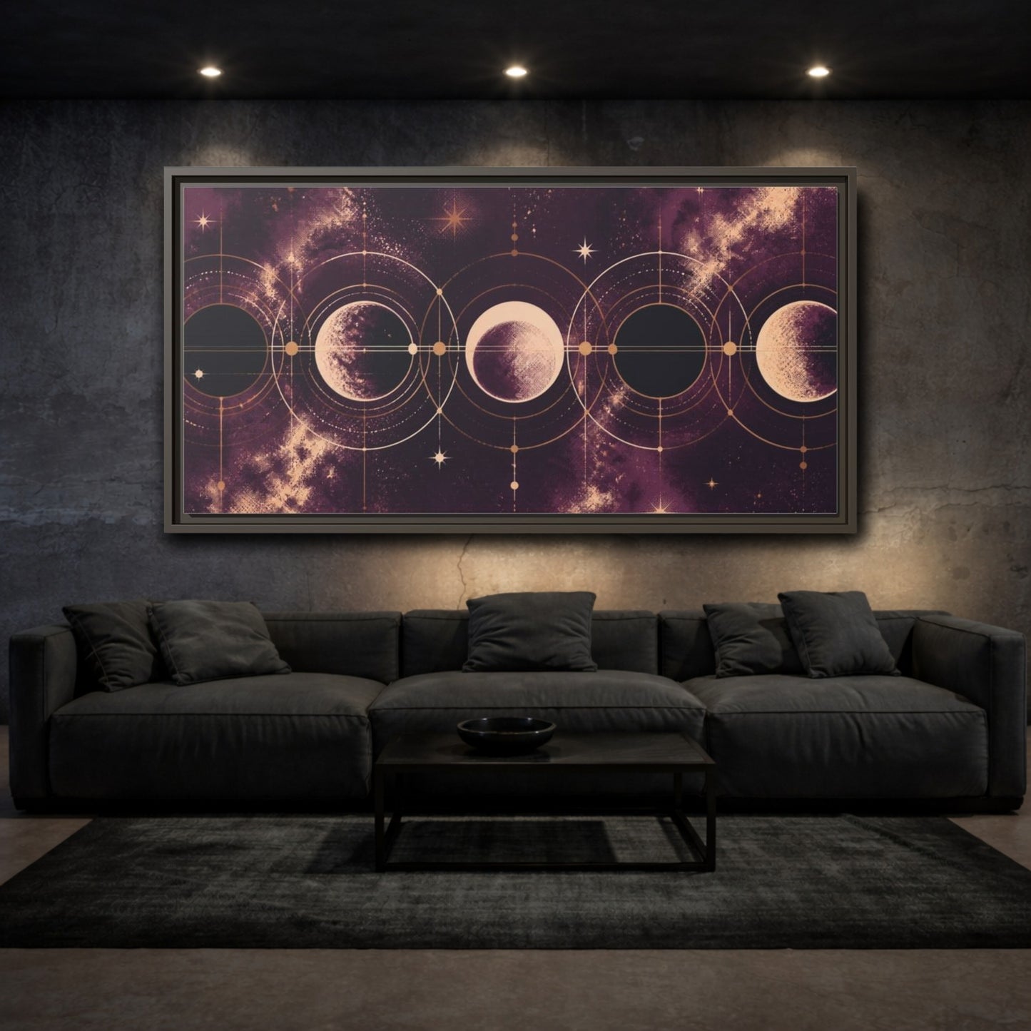 Mockup 3. Cosmic Moon Phases shown as framed canvas print