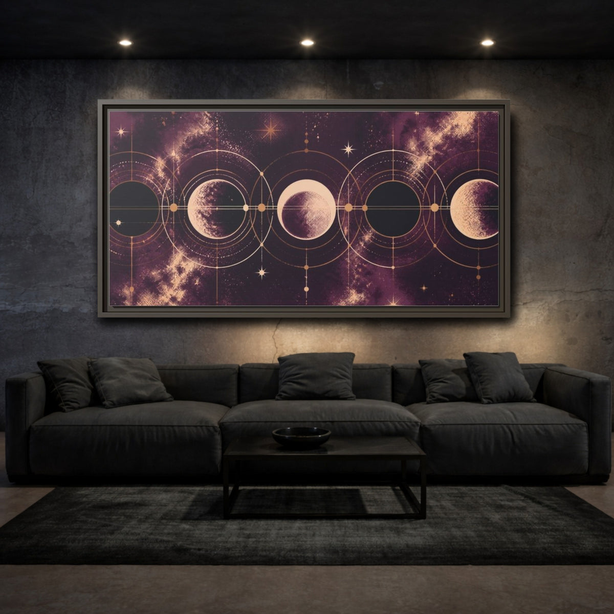 Mockup 3. Cosmic Moon Phases shown as framed canvas print