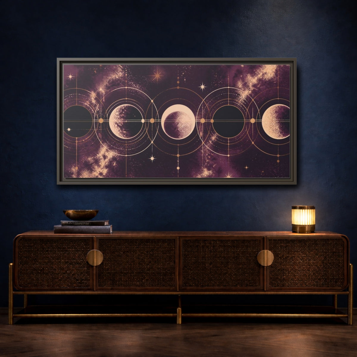Mockup 4. Cosmic Moon Phases shown as framed canvas print