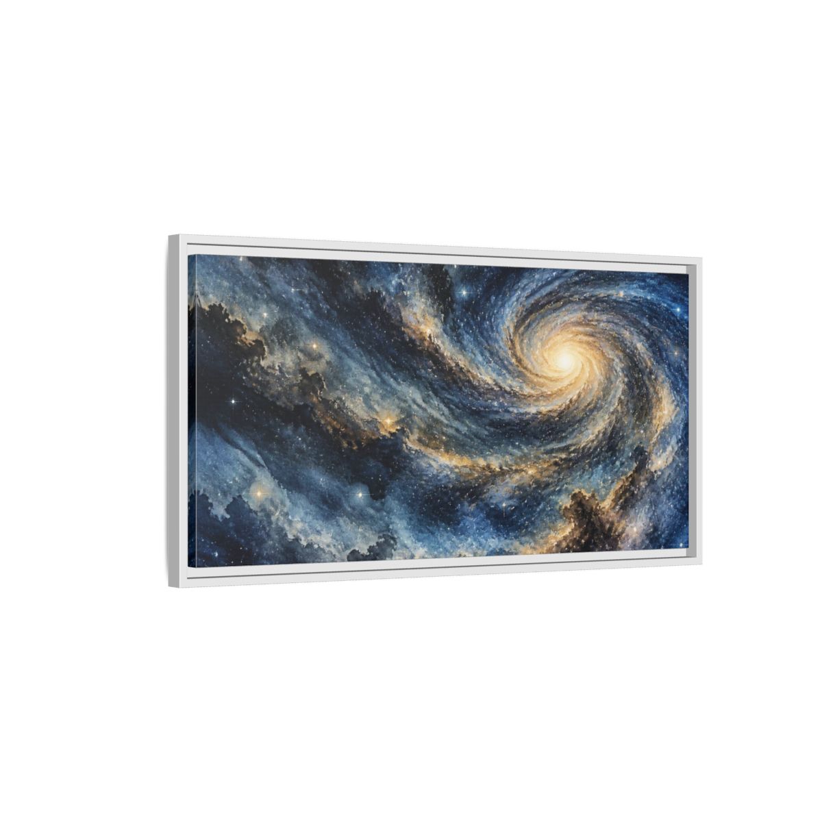 Side Mockup 1. Cosmic Spiral Galaxy shown as framed canvas print