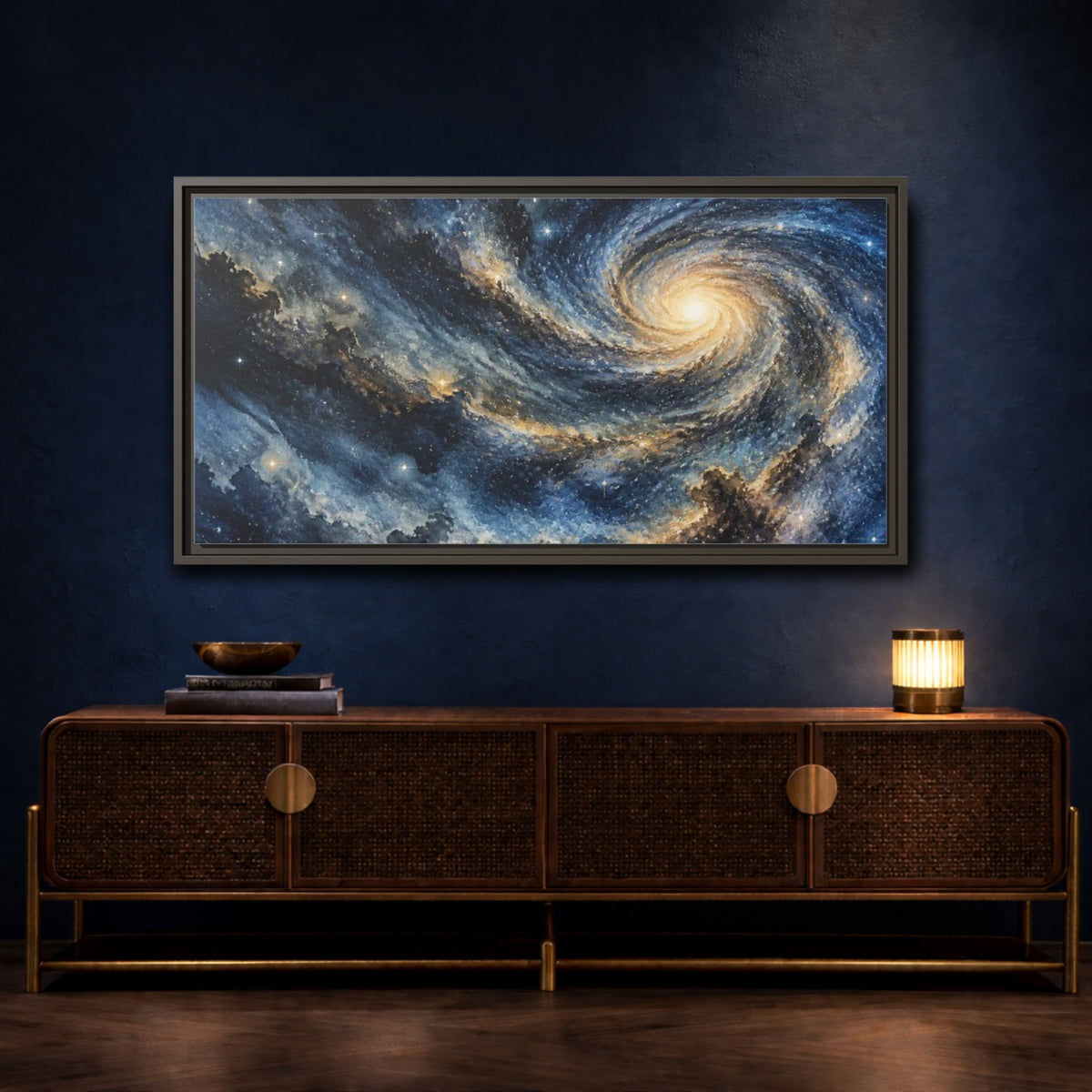 Mockup 4. Cosmic Spiral Galaxy shown as framed canvas print