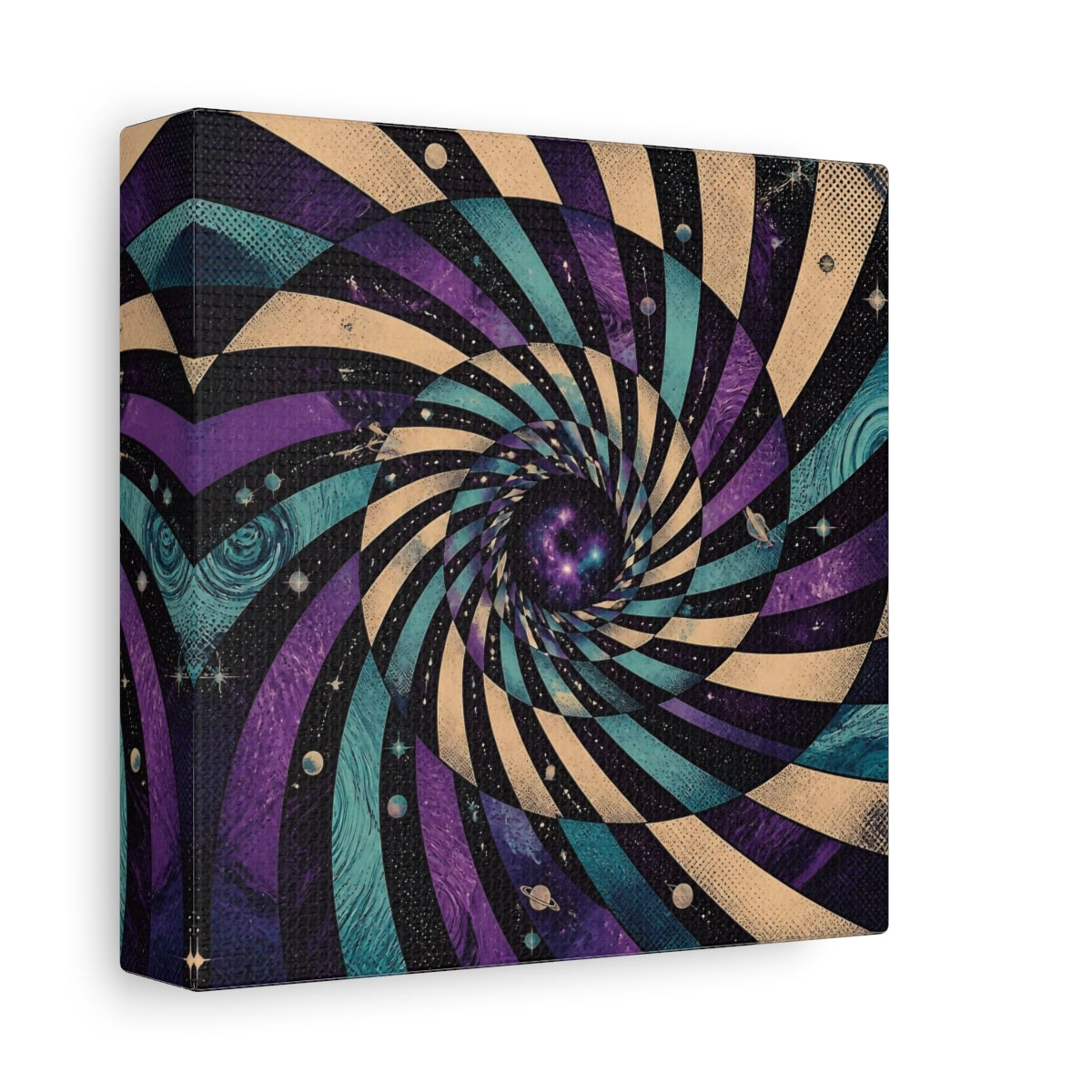 Side Mockup 2. Cosmic Spiral Vortex shown as canvas print