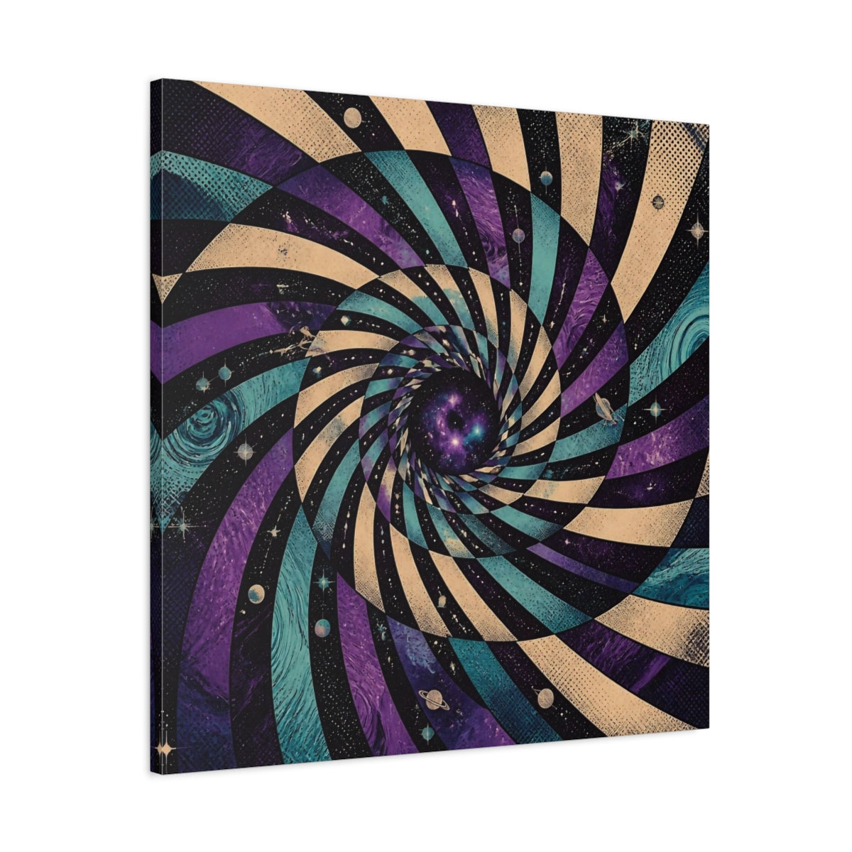 Side Mockup 3. Cosmic Spiral Vortex shown as canvas print