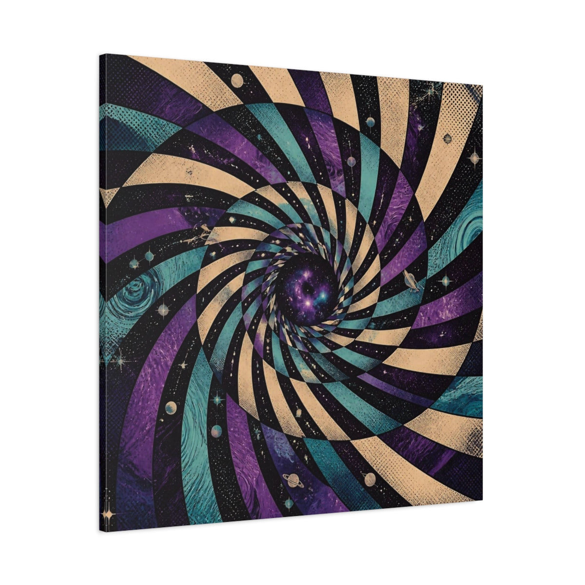 Side Mockup 1. Cosmic Spiral Vortex shown as canvas print