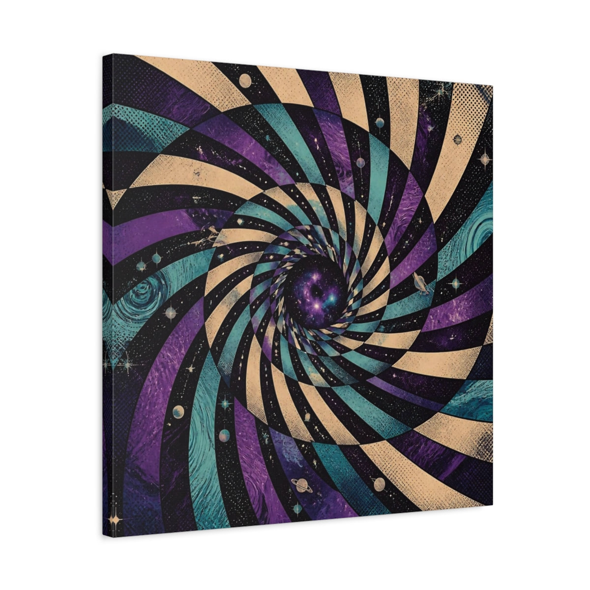 Side Mockup 4. Cosmic Spiral Vortex shown as canvas print