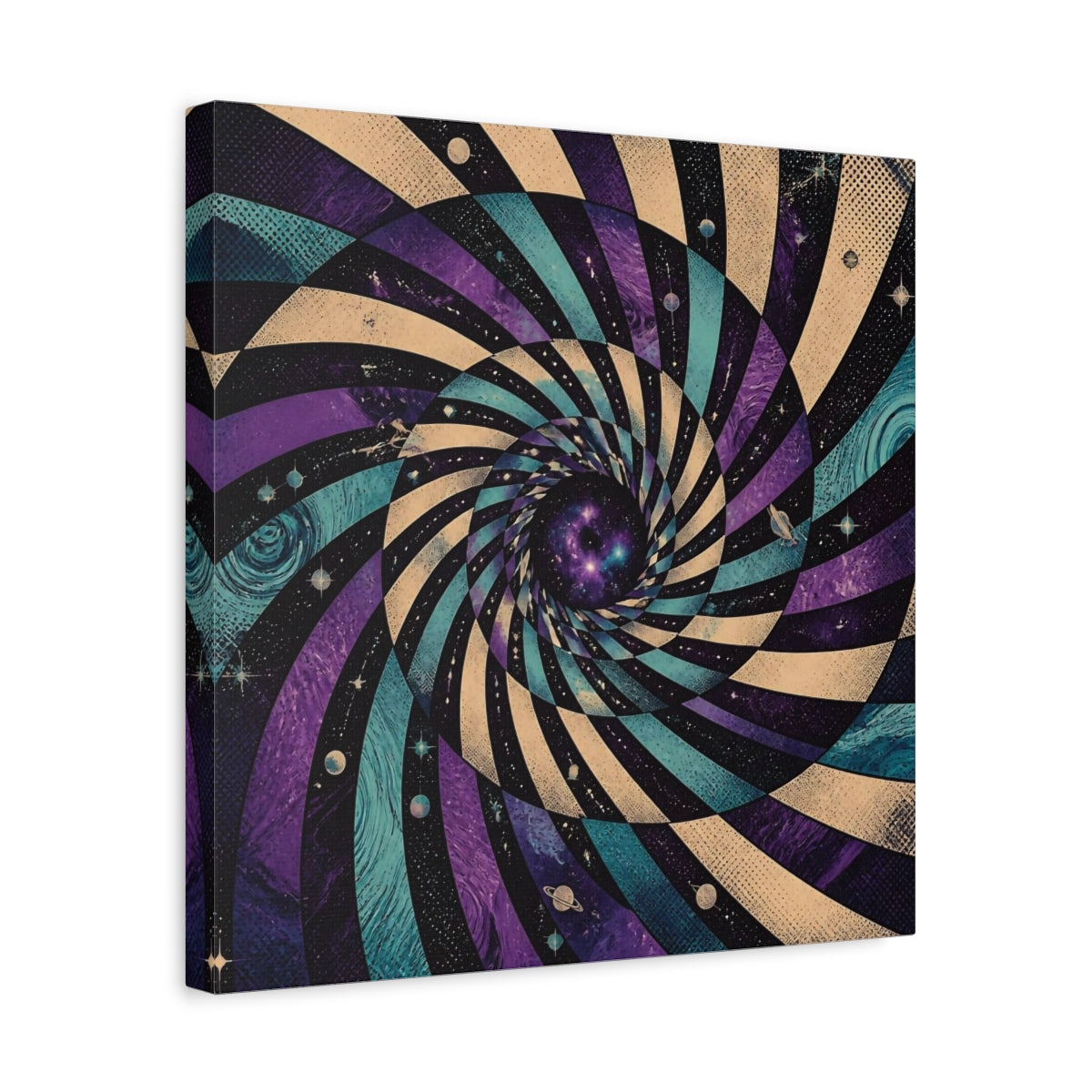 Side Mockup 6. Cosmic Spiral Vortex shown as canvas print
