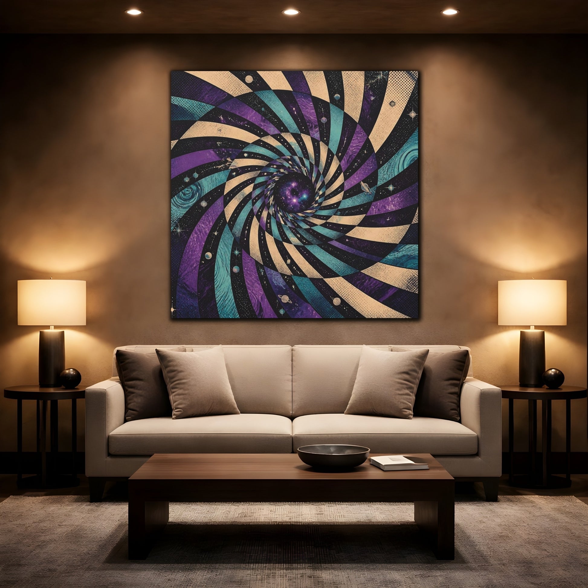 Mockup 2. Cosmic Spiral Vortex shown as canvas print