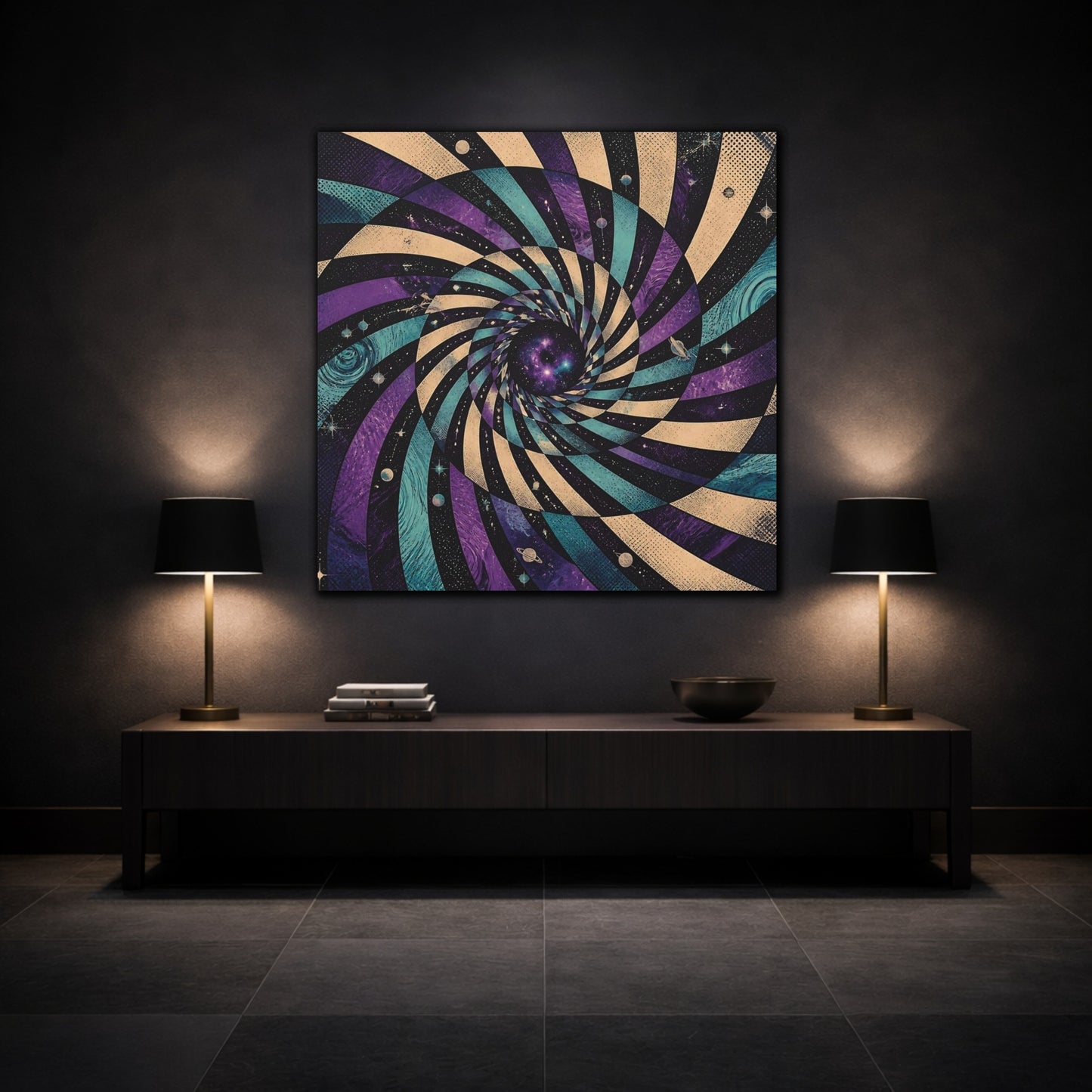 Mockup 3. Cosmic Spiral Vortex shown as canvas print