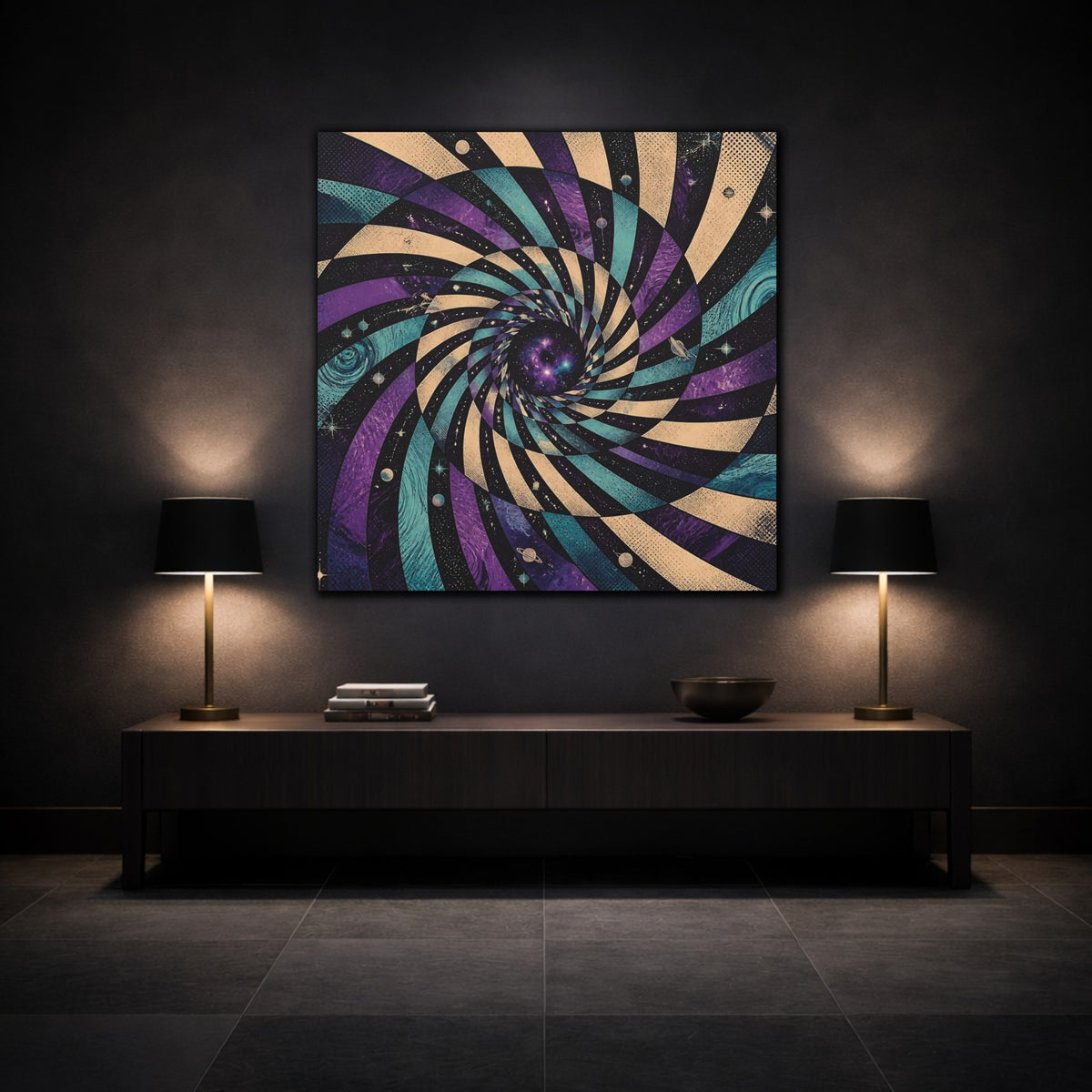 Mockup 3. Cosmic Spiral Vortex shown as canvas print