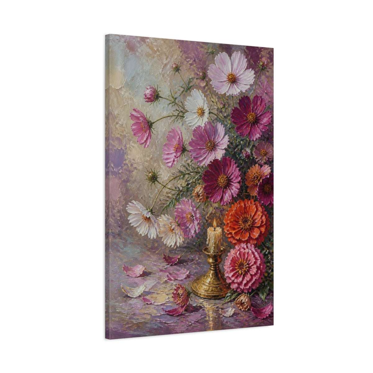 Main Mockup. Cosmos And Zinnia Flowers shown as canvas print