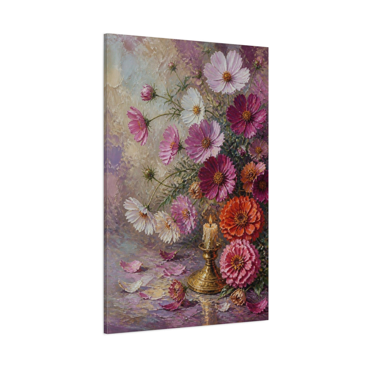 Side Mockup 1. Cosmos And Zinnia Flowers shown as canvas print
