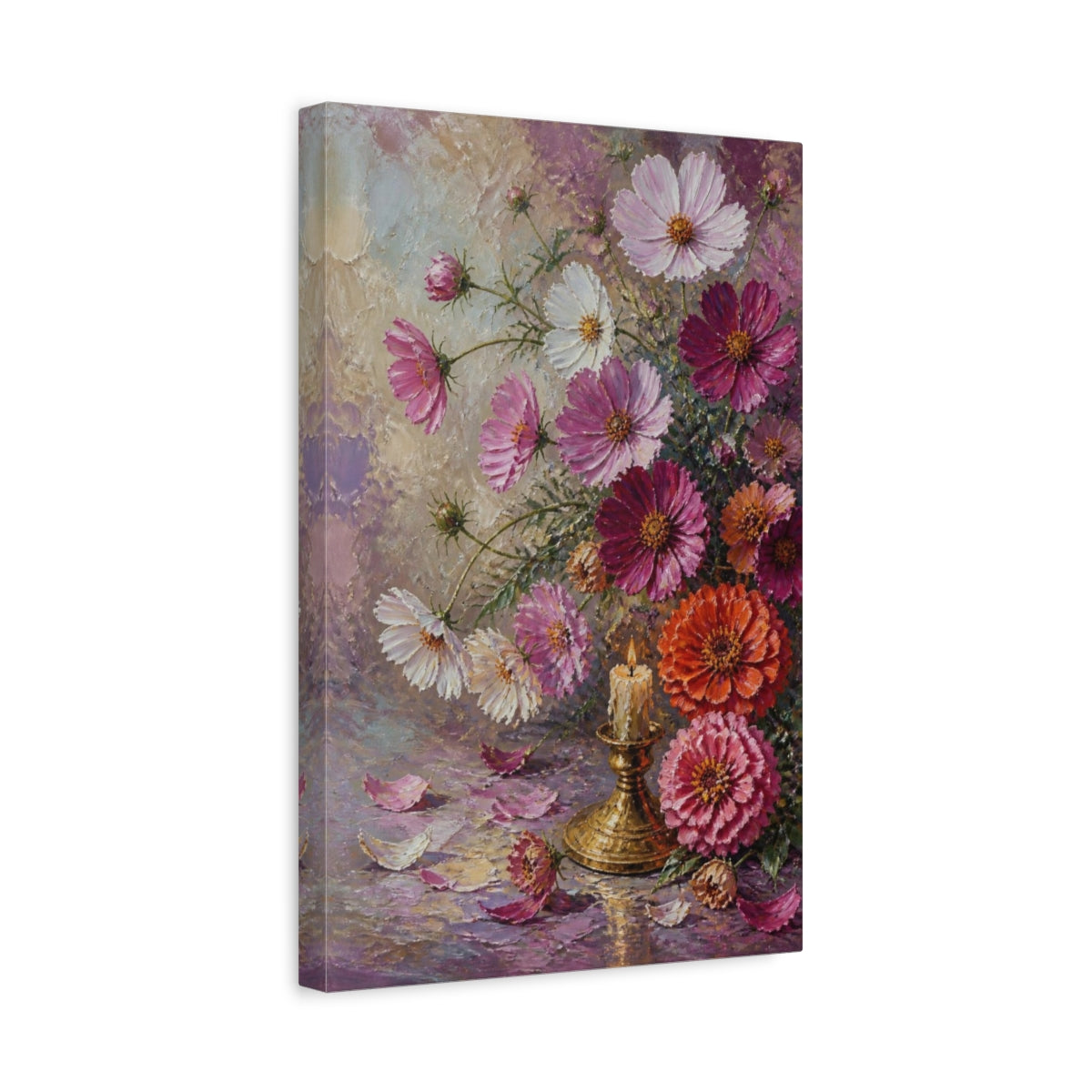 Side Mockup 4. Cosmos And Zinnia Flowers shown as canvas print