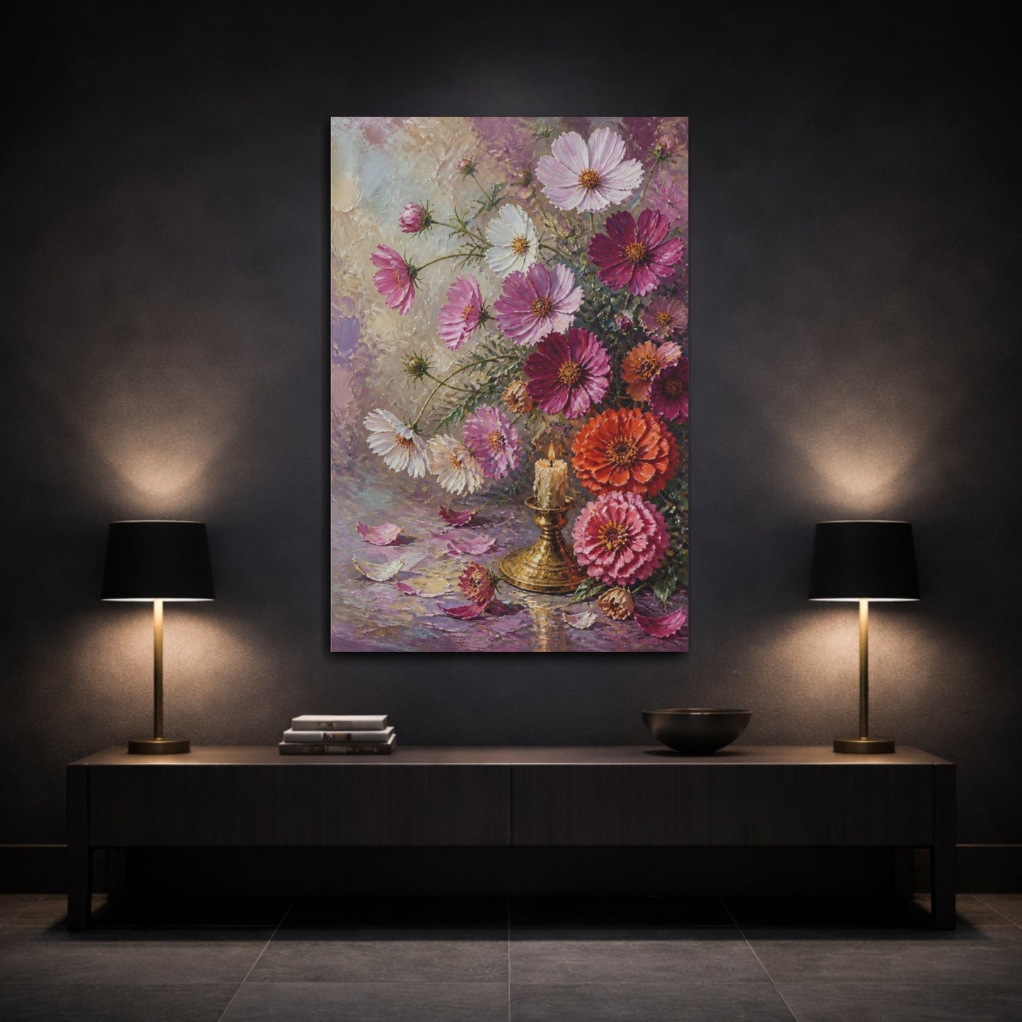 Mockup 3. Cosmos And Zinnia Flowers shown as canvas print