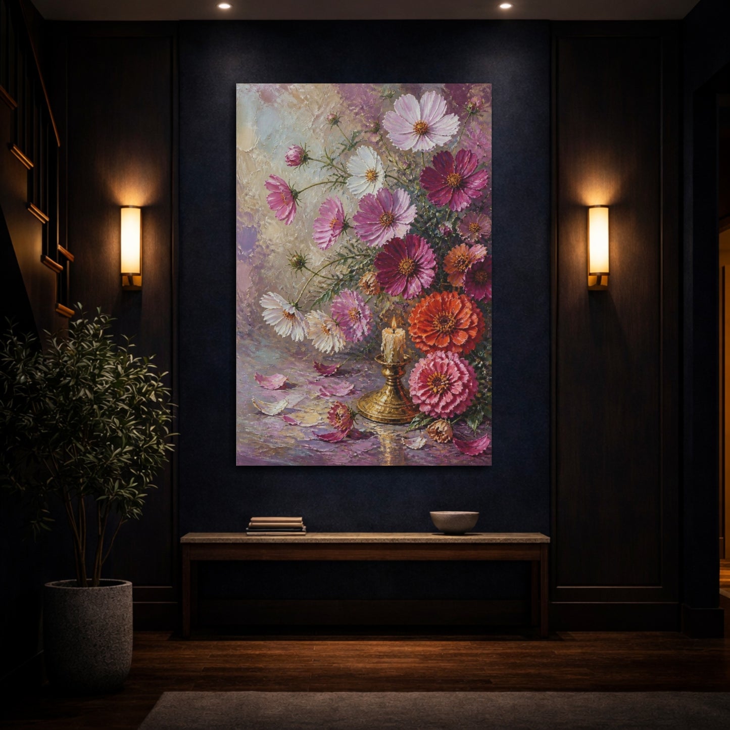 Mockup 4. Cosmos And Zinnia Flowers shown as canvas print