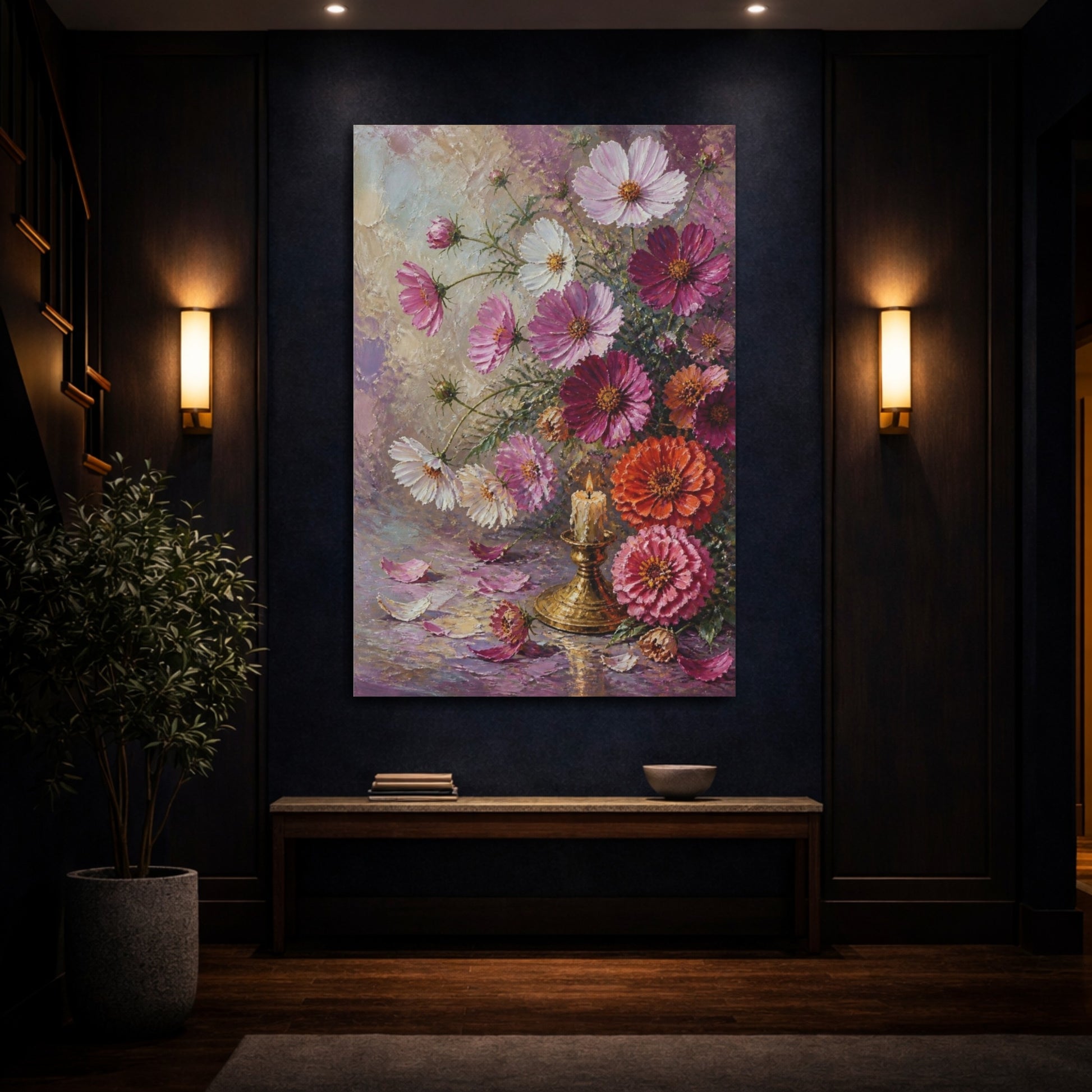 Mockup 4. Cosmos And Zinnia Flowers shown as canvas print